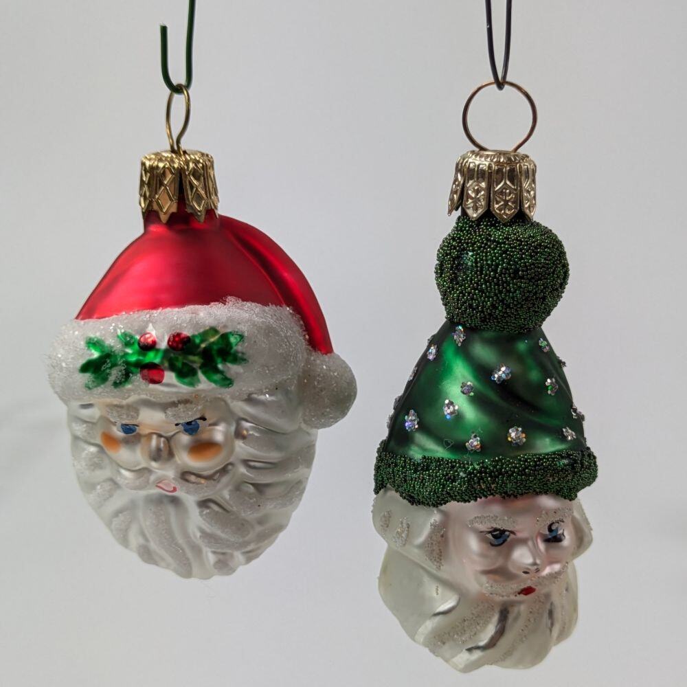 Mouth Blown Glass Santa Christmas Ornaments Head Handcrafted Holiday Tree Green
